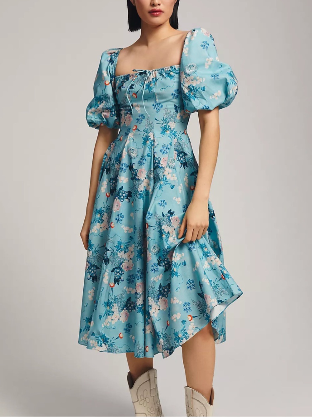 Selkie Rococo Day Dress Teal Floral Puff-Sleeve midi Dress